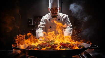 A chef in a white hat dramatically cooks with flames engulfing his pan in a dark kitchen - obrazy, fototapety, plakaty