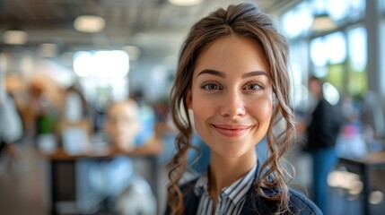 A woman with a smile in the background of an office, AI