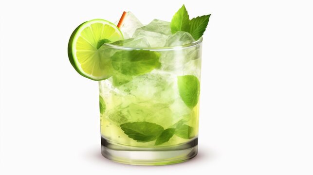Realistic image of a classic mojito cocktail adorned with mint leaves, lime, and a cinnamon stick, on a plain background
