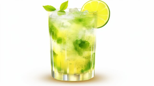High-quality render of a mojito cocktail with effervescent bubbles, lime slice, and mint, isolated on white