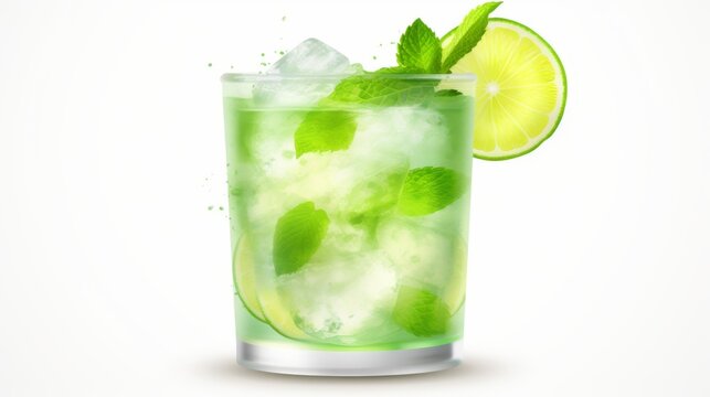 High-quality image featuring a mint mojito cocktail with ice cubes and a slice of lime, isolated on white backdrop