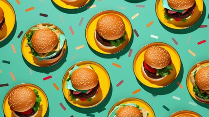 Top view of evenly spaced cheeseburgers on a turquoise background with sprinkle decorations,...