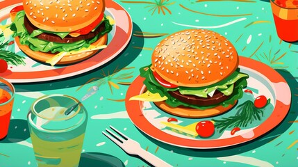 Vibrant, detailed vector artwork showcasing two delicious looking hamburgers with various toppings...