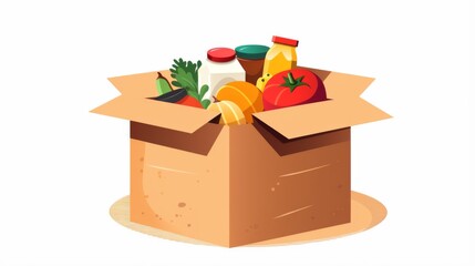 An illustration depicting a box filled with various groceries like vegetables, fruits, and condiments