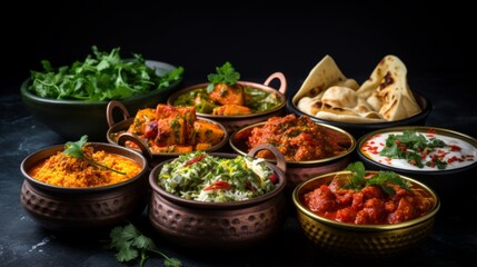 Obraz premium A delicious spread of Indian cuisine served in a variety of dishes, highlighting the rich spices and garnishes