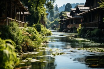 River flowing amidst trees and houses in a scenic village setting - obrazy, fototapety, plakaty