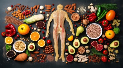 Innovative image depicts a human body silhouette surrounded by nutritious superfoods, symbolizing health and wellness - obrazy, fototapety, plakaty