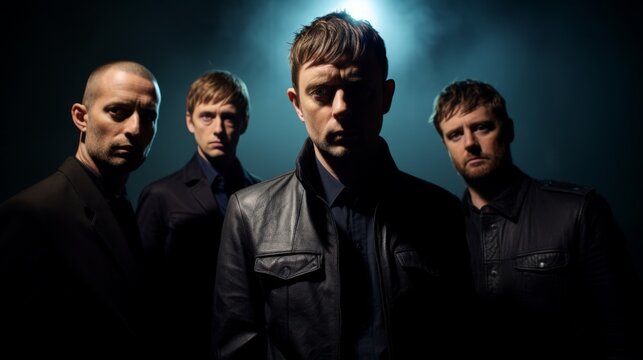 This image portrays a serious male band in a moody setting with strategic dramatic lighting emphasizing a strong, intense mood