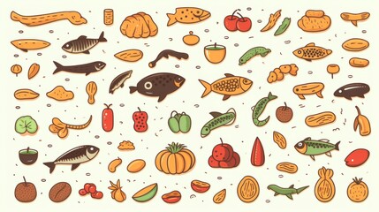 Hand-drawn doodle style food illustrations including grains, fruits, and fish in warm tones