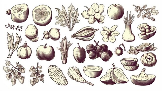 A collection of carefully detailed vintage black and white fruit illustrations with a historical touch
