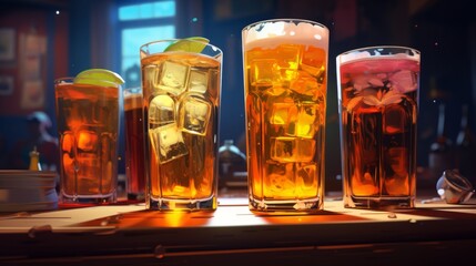 Glowing glasses of various beers with ice and citrus garnishes displayed enticingly on a bar counter - obrazy, fototapety, plakaty