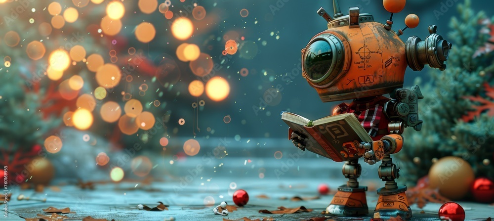 Poster humanoid ai robot with book in holographic math formulas setting on blurred background