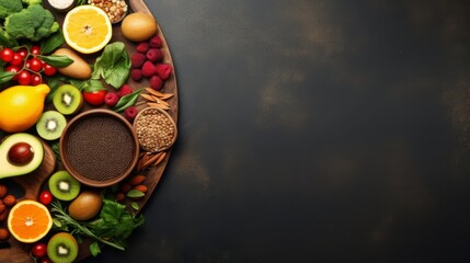 Abundance of fresh fruits, veggies, nuts, and grains arranged on half of a dark wooden circle, copy space