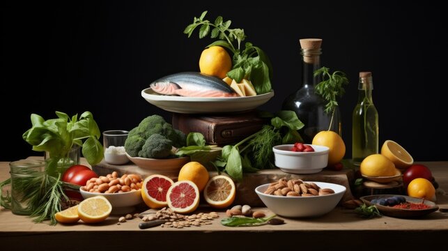 Meticulously arranged classic still life with raw fish and fresh produce, reflecting themes of culinary tradition and gourmet cooking