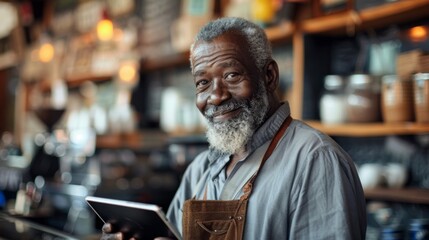 Obraz premium Portrait of a happy coffee shop worker with a tablet