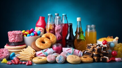 Fototapeta na wymiar A delightful assortment of candy, snacks, and beverages with a casual presentation