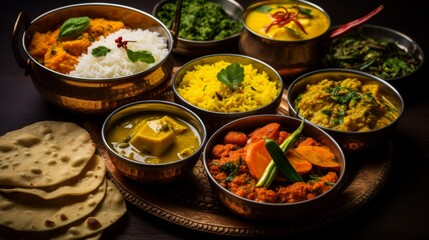 Richly colored Indian foods with various side dishes and condiments presented in copper bowls...