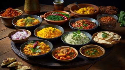 A delectable display of various Indian dishes served in bowls on a rustic wooden table, highlighting the vibrant colors and diversity of Indian cuisine - obrazy, fototapety, plakaty