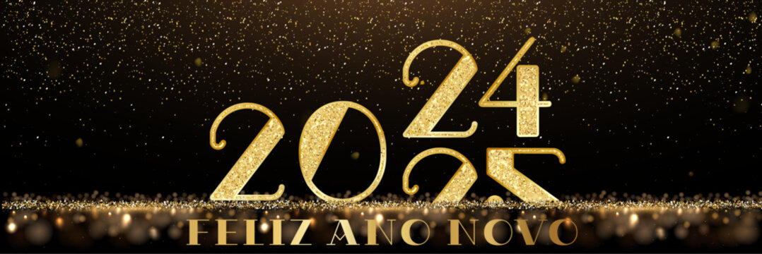 cartão ou banner para desejar um Feliz Ano Novo 2025 em ouro sobre fundo preto com glitter dourado e círculos com efeito bokeh e 2024 passando para 2025