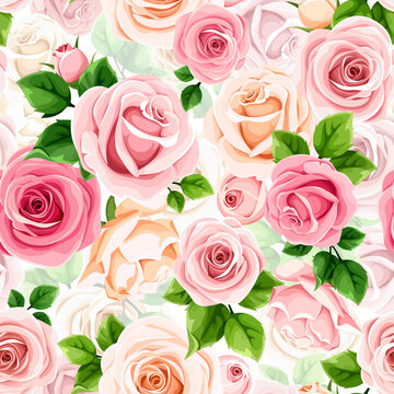 Floral seamless pattern with pink and white rose flowers and green leaves on a white background. Vector floral print