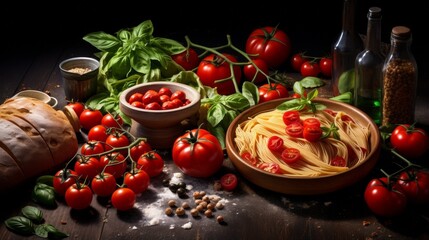 A warm kitchen scene featuring fresh ingredients for making a classic Italian pasta dish with tomatoes and basil - obrazy, fototapety, plakaty