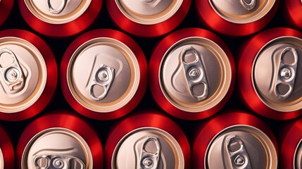 Rows of red soda cans create a captivating pattern with a pop of color, focusing on consumerism and brand power