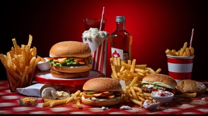 A delicious setup of burgers, fries, and desserts against a dramatic red backdrop emphasizing appetite and indulgence