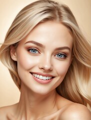 Fototapeta premium Bright Beige background Portrait of blonde caucasian smiling beautiful woman with smooth clean face glowing skin youth skin care ad concept from Generative AI
