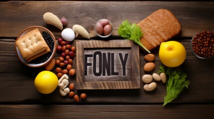 Food items surrounding a wooden sign with the word 'ONLY', indicating dietary focus or restrictions - obrazy, fototapety, plakaty