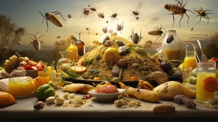 A surreal display of various insects flying around a pile of diverse foods with dramatic lighting