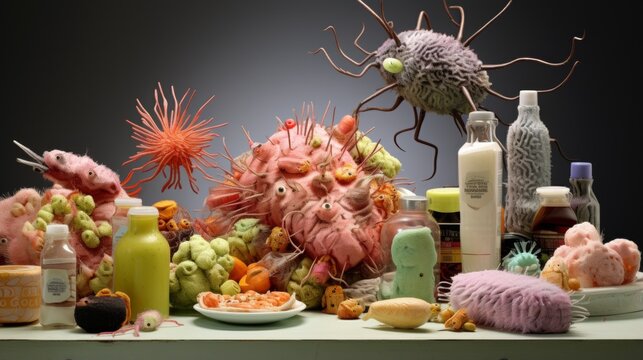 Colorful representation of microbes as various foods to symbolize contamination