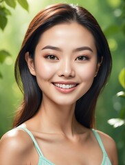 Bright Forest Green background Portrait of asian smiling beautiful woman with smooth clean face glowing skin youth skin care ad concept from Generative AI