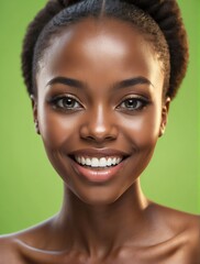 Bright green background Portrait of a black african smiling beautiful woman with smooth clean face fresh glowing skin spa youth skin care ad concept from Generative AI