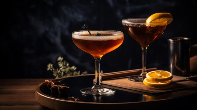 This inviting cocktail image features a stylish drink garnished with orange, beautifully lit with warm, moody lighting that would look perfect in any luxury bar setting