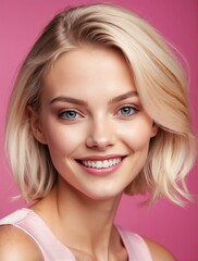 Bright Pink background Portrait of asian smiling beautiful woman with smooth clean face glowing skin youth skin care ad concept from Generative AI
