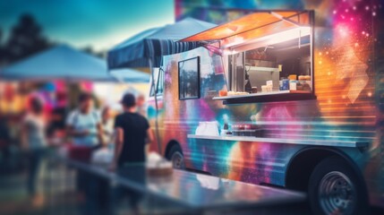 An enticing food truck adorned with colors attracts customers for an evening snack