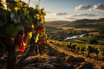 Bunch of grapes on vine with river, mountains, sky, and clouds in the background