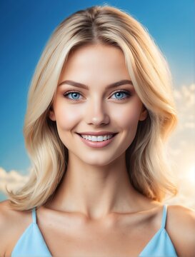 Bright Sky Blue background Portrait of blonde caucasian smiling beautiful woman with smooth clean face glowing skin youth skin care ad concept from Generative AI