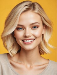 Naklejka premium Bright Yellow background Portrait of blonde caucasian smiling beautiful woman with smooth clean face glowing skin youth skin care ad concept from Generative AI