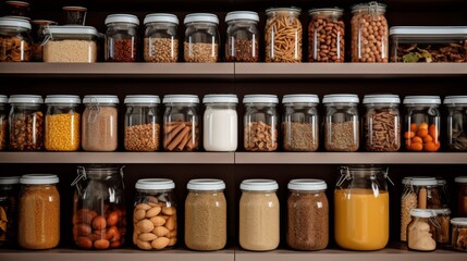 Image shows an organized pantry shelf with a wide selection of grains, nuts, and seeds in clear jars - Powered by Adobe