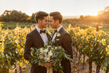 Gay couple in tuxedos sharing an intimate moment among vineyard rows at sunset