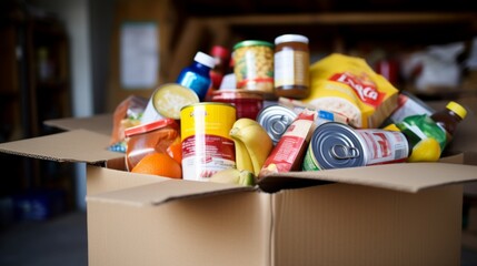 A close-up photograph showcasing a box full of various donated food items, illustrating charity and community support - Powered by Adobe