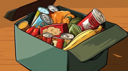 Colorful digital artwork of a green tote bag filled with groceries like canned food, fresh produce, and bread