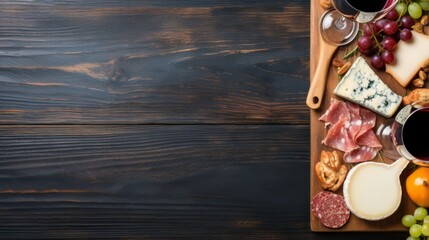 Top-view image of cheese, cured meats, breadsticks, and wine on a wooden board with ample space for text - Powered by Adobe