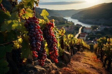 Cluster of grapes on vine near river in natural landscape