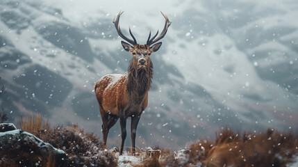 An imposing stag stands with a snow blanketed mountain backdrop, flakes of snow falling around its majestic form. Imposing Stag Against Snowy Mountain Backdrop.