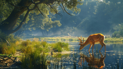 A deer bends to drink from a river, surrounded by the dappled sunlight filtering through the canopy of a lush forest. Deer Drinking at Sun Dappled Riverside.
