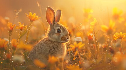 Fototapeta na wymiar A curious brown rabbit sits amidst colorful blooming flowers in a springtime meadow.