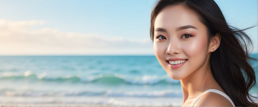 Bright Beach background Portrait of asian smiling beautiful woman with smooth clean face glowing skin youth skin care ad concept from Generative AI
