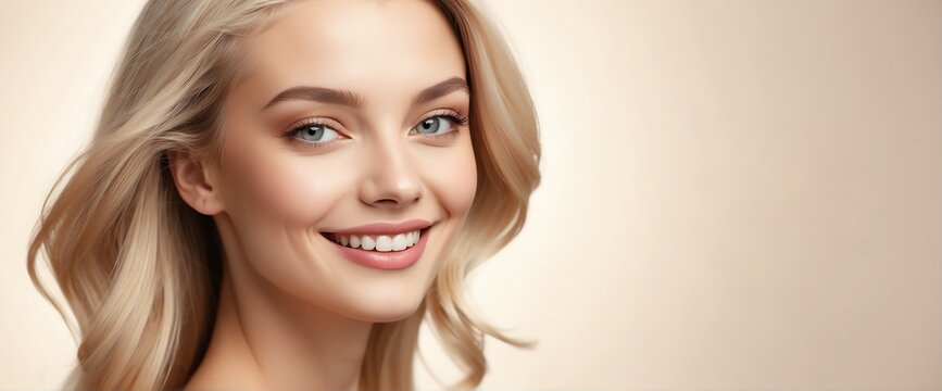 Bright Beige background Portrait of blonde caucasian smiling beautiful woman with smooth clean face glowing skin youth skin care ad concept from Generative AI